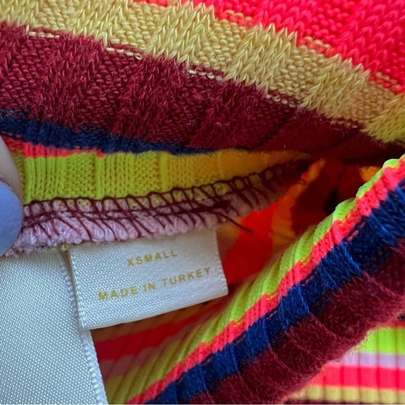 2/25 Maeve Anthropologie Retro Too Shirt Puff Sleeve Ribbed Stripe Neon - Picture 4 of 5